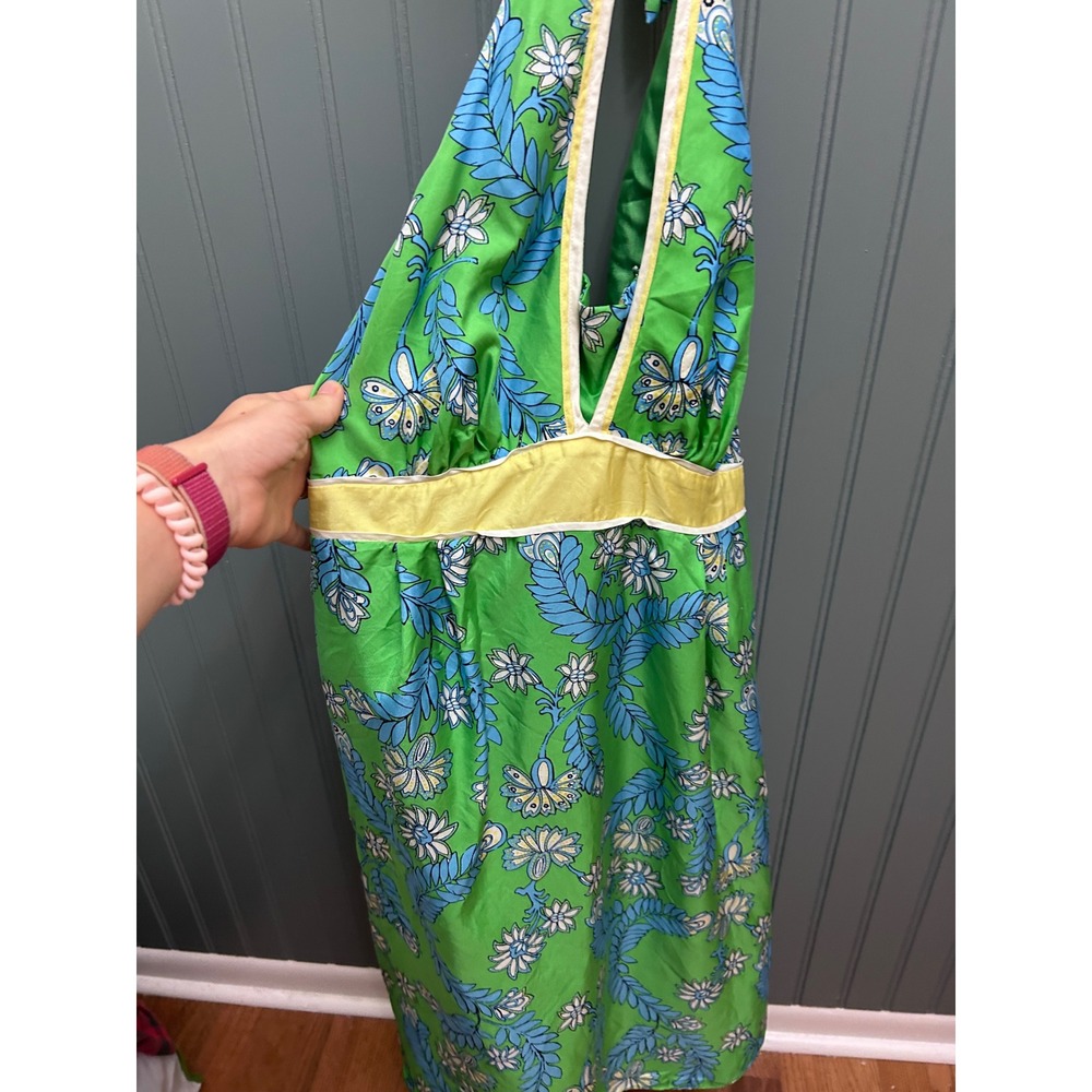 Lilly Pulitzer Green Floral 100% Silk Halter Dress Size 8 Tropical V-Neck Lined